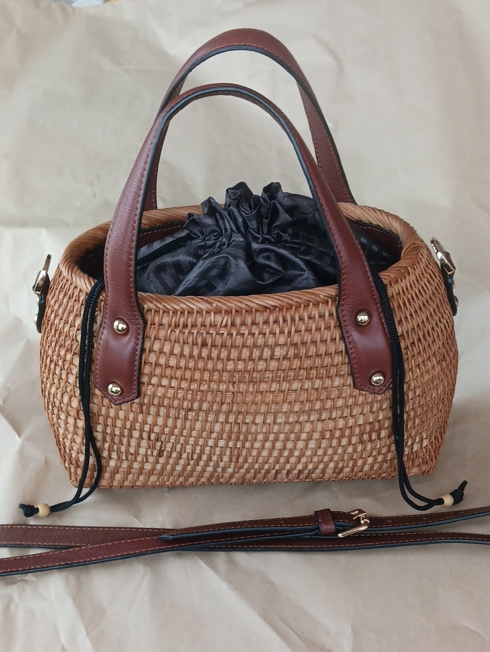 Italian Woven Basket-Bag Leather Top Handles And Adjustable Cross-body Strap.